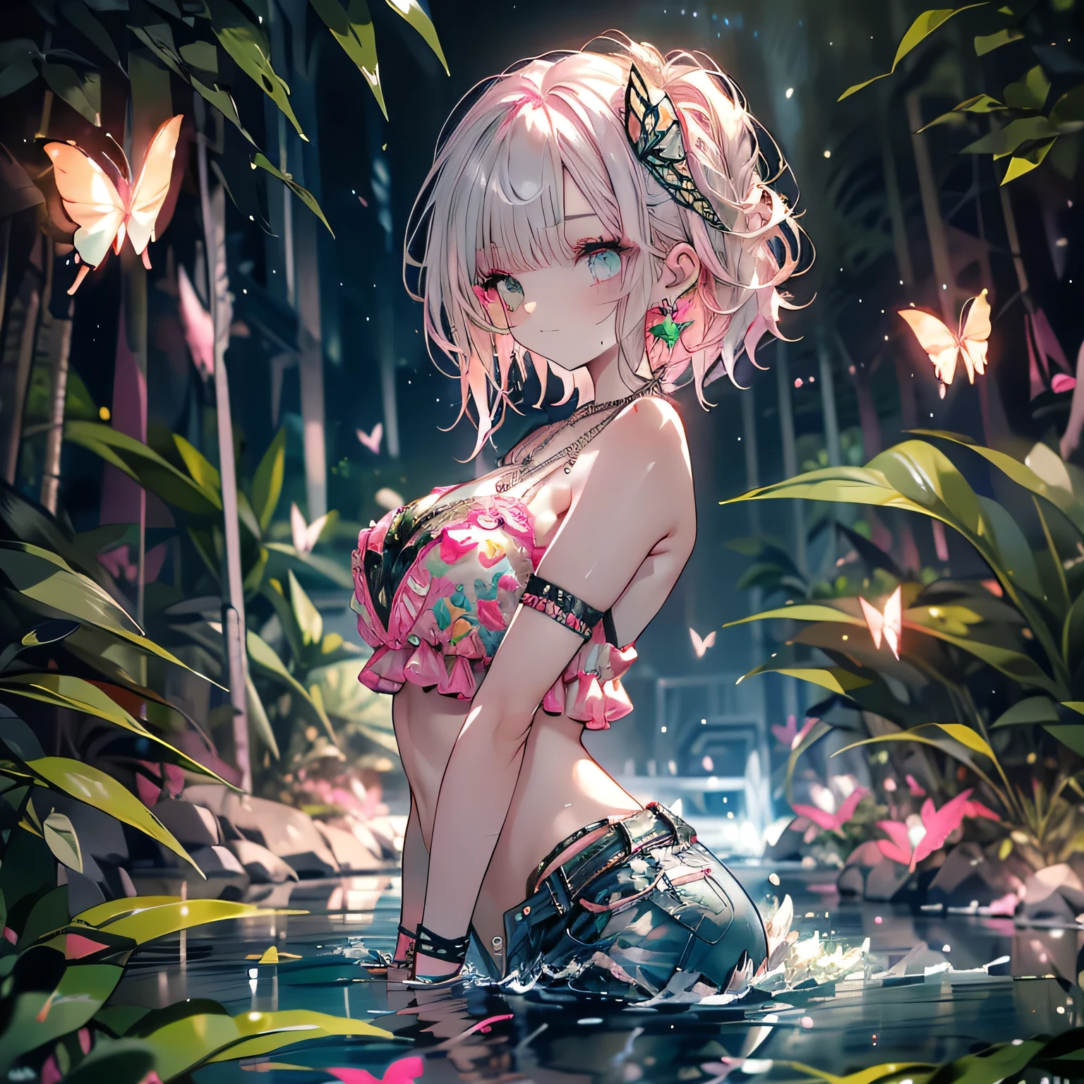 (beautiful pink and green butterflies all over the place),
((masterpiece:1.4, best quality)), ((masterpiece, best quality)),low angle,beautiful pony tail silver green hair,beautiful  pink eyes,little cute   girl,wet full body, bathing in the water,water falls,water splash,lovely laugh,denim shorts,pink and green baseball cap, ((pink and green elegant summer bikini)), (Lace chalker, wristband, diamond necklace,earrings),cinematic lighting and pause,beautiful natural mysterious park,night sky,full moon,(beautiful pink and green butterflies all over the place),