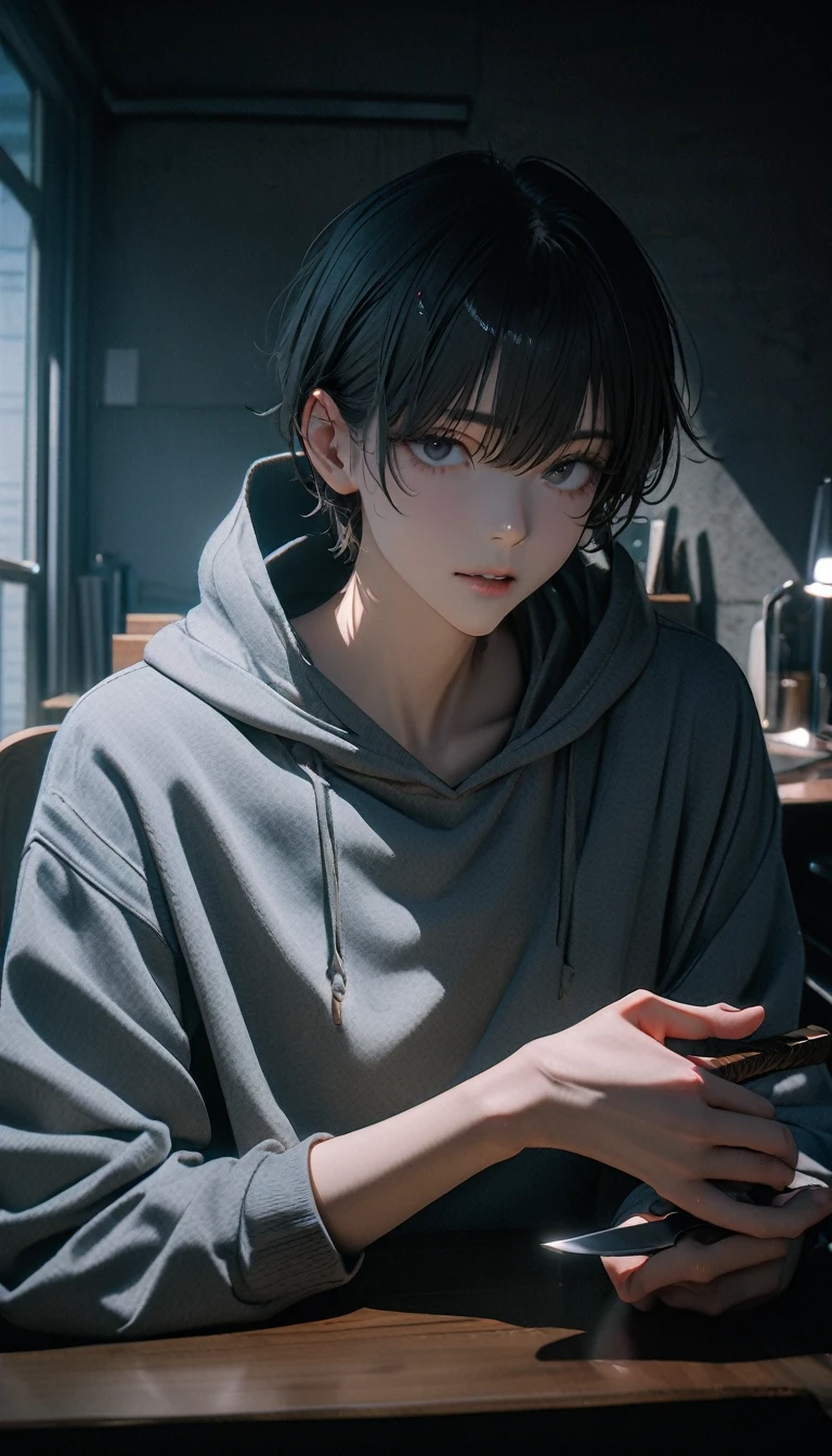 (8K, RAW photos, best quality, masterpiece: 1.4), (((The boy sits at the desk))),Ultra-high resolution, Extremely detailed, light, Close-up of face, handsome boy, black eyes, (delicate eyes, Eyes are bright:1.2), Gray short hair, Fair skin,dark, Grey sweatshirt, sweatshirt with hood,(perfect anatomy:1.2), High-quality shadows, Natural Lighting, (White highlights:1.2), night, cloudy day, (at home:1.2), (Boning knife in hand:1.2)