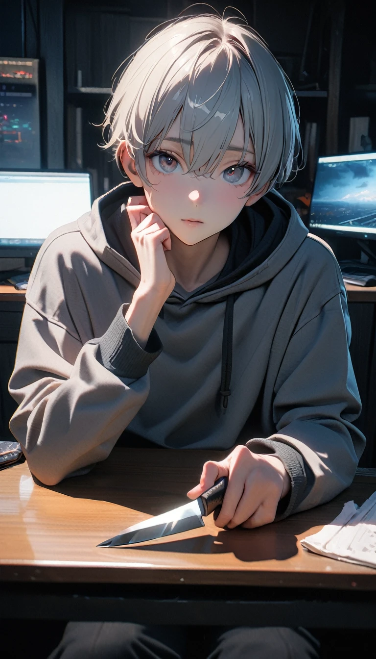 (8K, RAW photos, best quality, masterpiece: 1.4), (((The boy sits at the desk))),Ultra-high resolution, Extremely detailed, light, Close-up of face, handsome boy, black eyes, (delicate eyes, Eyes are bright:1.2), Gray short hair, Fair skin,dark, Grey sweatshirt, sweatshirt with hood,(perfect anatomy:1.2), High-quality shadows, Natural Lighting, (White highlights:1.2), night, cloudy day, (at home:1.2), (Boning knife in hand:1.2)