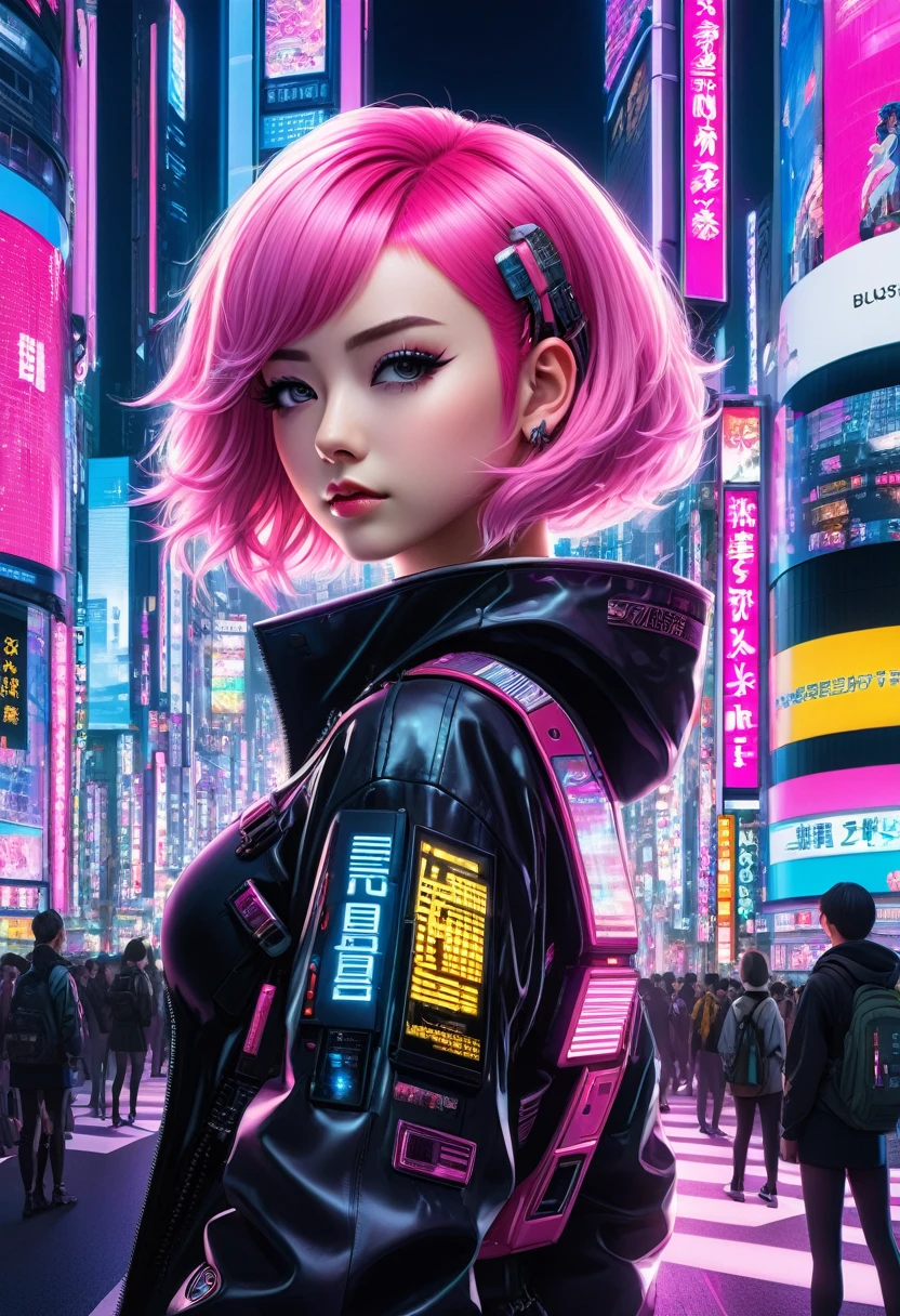 "A high school girl with short, bright pink hair, wearing a cyberpunk-style with illuminated patterns. She is standing in the middle of Shibuya at night, surrounded by towering buildings adorned with neon lights and digital billboards. The scene is crowded with futuristic vehicles and pedestrians, emphasizing the bustling, high-tech environment."