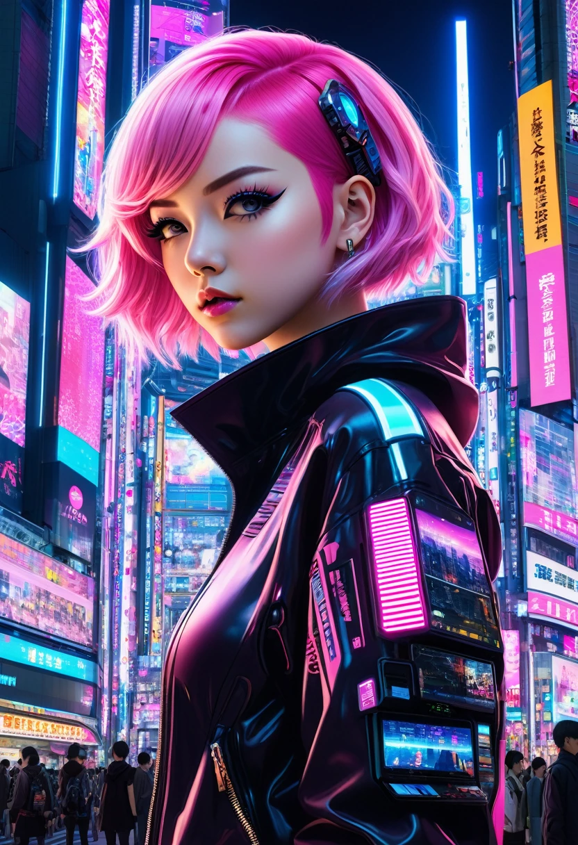 "A high school girl with short, bright pink hair, wearing a cyberpunk-style with illuminated patterns. She is standing in the middle of Shibuya at night, surrounded by towering buildings adorned with neon lights and digital billboards. The scene is crowded with futuristic vehicles and pedestrians, emphasizing the bustling, high-tech environment."