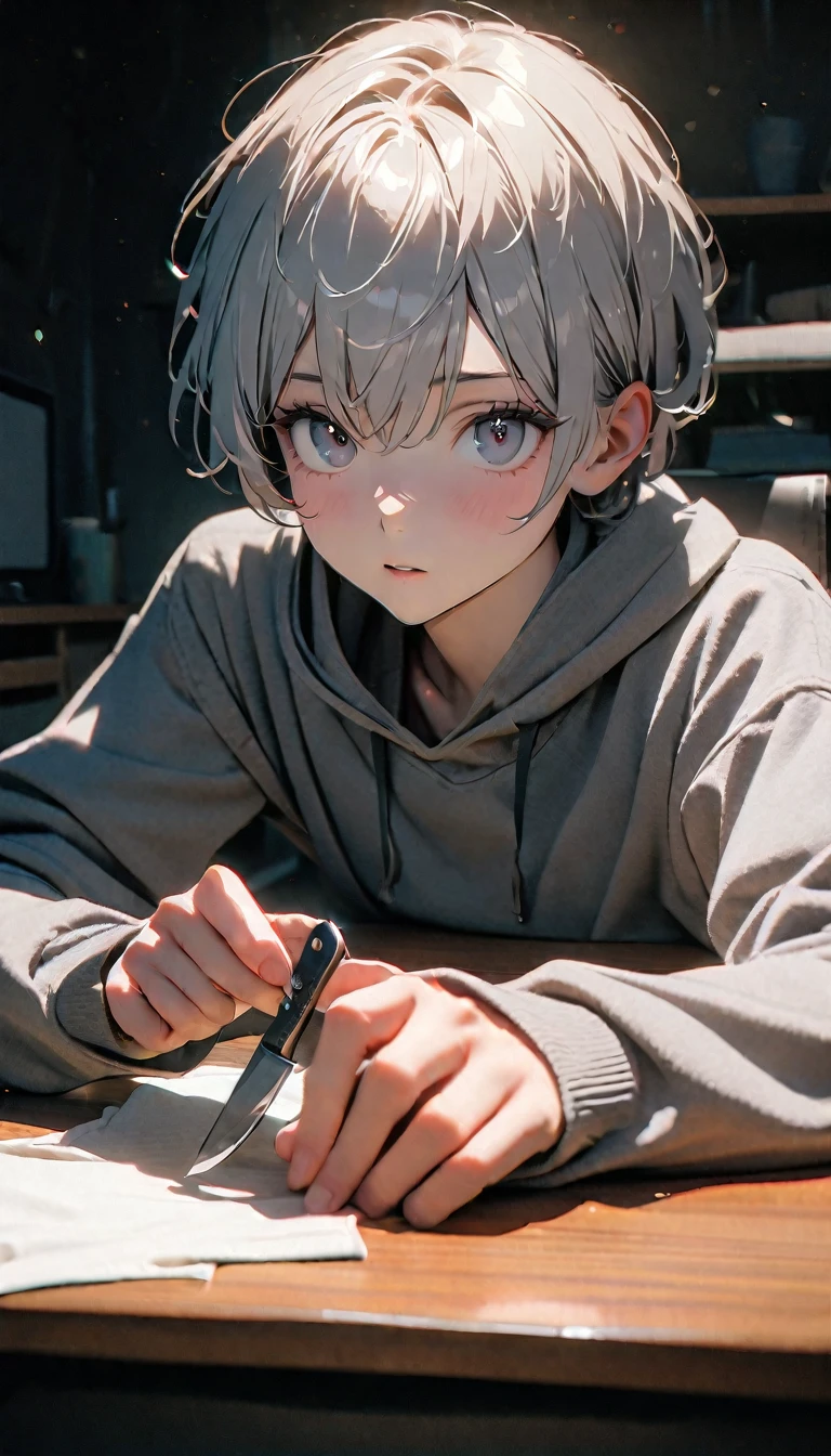 (8K, RAW photos, best quality, masterpiece: 1.4), (((The boy sits at the desk)))，Ultra-high resolution, Extremely detailed, light, Close-up of face, handsome boy, black eyes, (delicate eyes, Eyes are bright:1.2), Gray short hair, Fair skin,dark, Grey sweatshirt, sweatshirt with hood,(perfect anatomy:1.2), High-quality shadows, Natural Lighting, (White highlights:1.2), night, cloudy day, (at home:1.2), (Boning knife in hand:1.2)