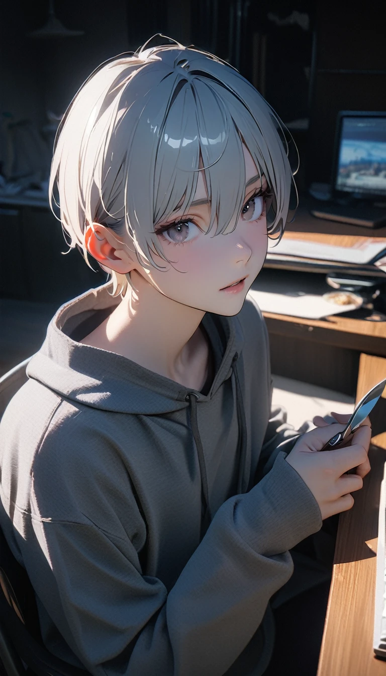 (8K, RAW photos, best quality, masterpiece: 1.4), (((The boy sits at the desk))),Ultra-high resolution, Extremely detailed, light, Close-up of face, handsome boy, black eyes, (delicate eyes, Eyes are bright:1.2), Gray short hair, Fair skin,dark, Grey sweatshirt, sweatshirt with hood,(perfect anatomy:1.2), High-quality shadows, Natural Lighting, (White highlights:1.2), night, cloudy day, (at home:1.2), (Boning knife in hand:1.2)