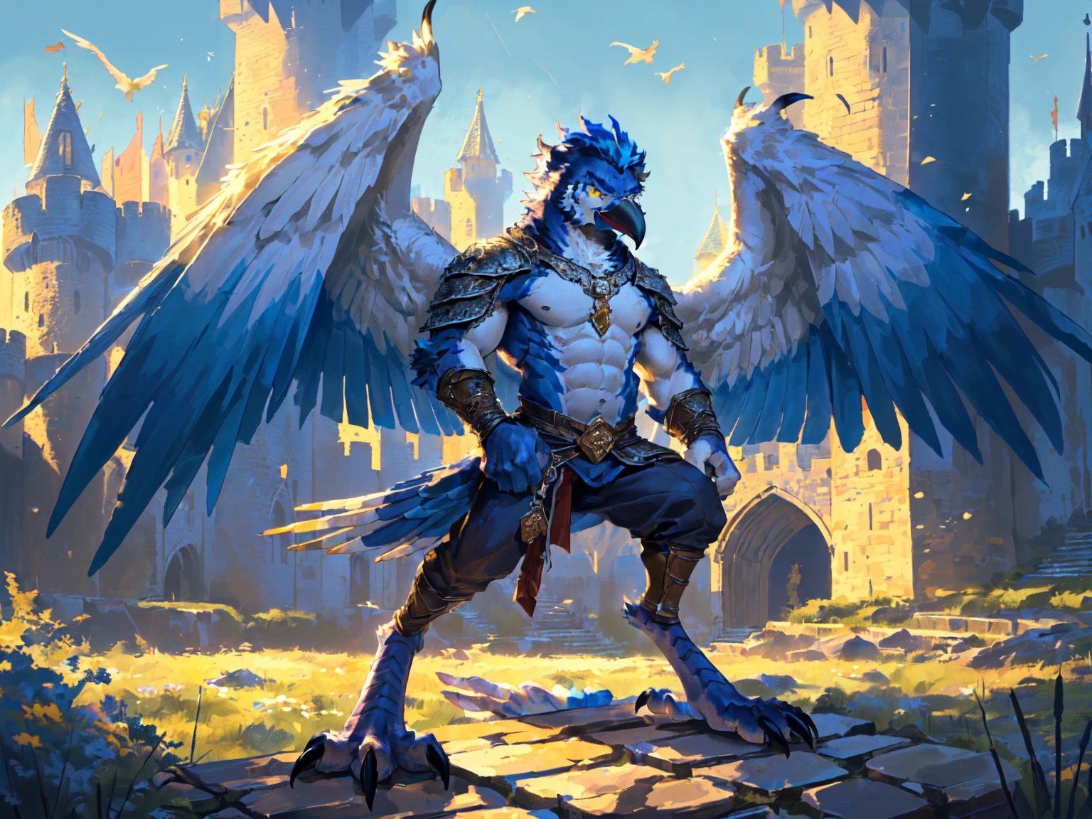 ((middle Ages:1.3，Castle Background:1.6))，(Royal Family:1.2)，sunny，high resolution，4K，【Strike a pose:1.5】，masterpiece，high quality，((Griffin))，male，Furry，(teenager:1.3)，hairy，((Fierce and vicious:1.4))，(((Strong body:1.4，Big Wings:1.3，Bird claws子:1.3)))，(((Blue head:1.3，White abs:1.4)))，(((White Wings:1.3)))，(((Golden pupils:1.2)))，(((Bird claws:1.3)))，(((Long legs:1.3)))，((No shirt，No underwear))，Exquisite eyes，Detailed body，Detailed claws，Detailed feet，Kenket&#39;s Art