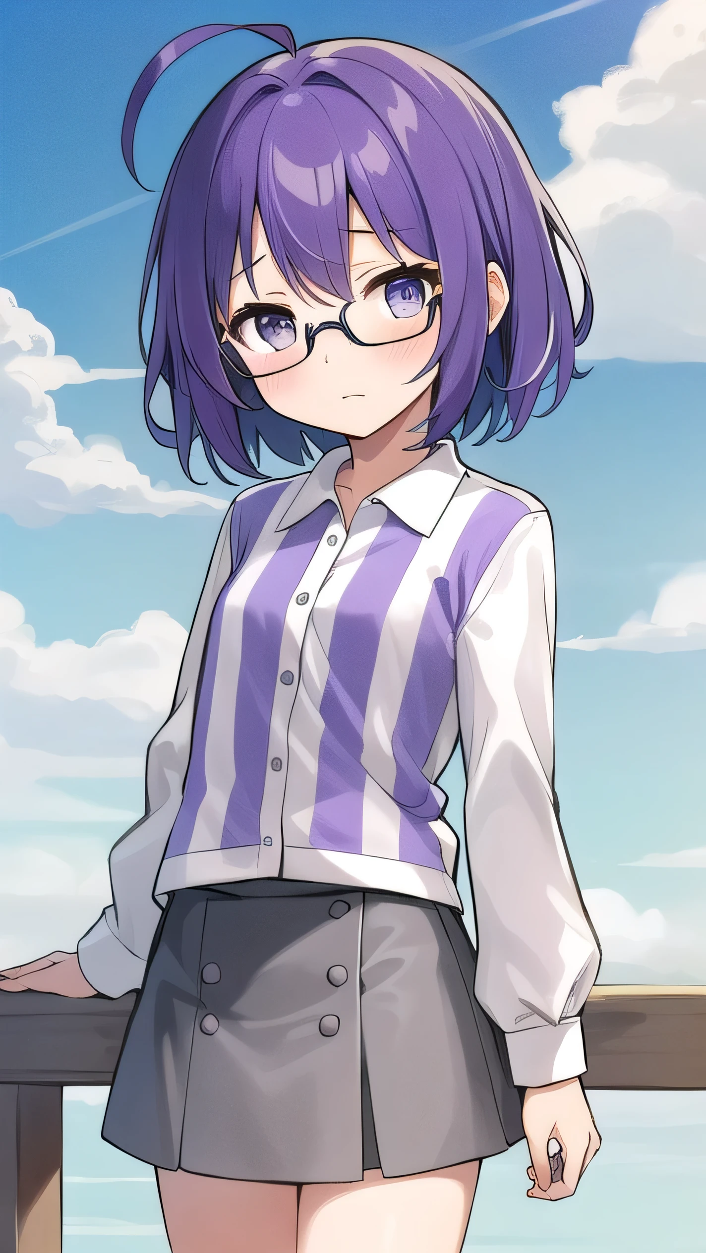 (Purple hair:1.4), gray eyes, white , navy blue miniskirt, 11 years old, short, short long hair, kind expression, shy, , almost no breasts, slightly exposed. hair,(flipped hair ), flipped hair, long sleeves, ahoge, girl alone, flipped hair, flipped hair, flipped hair, flipped hair, glasses with no edges, embarrassed, flat chest,striped shirt