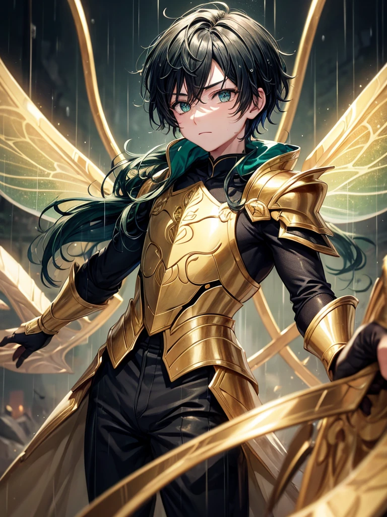 Boy with gold armor and cavello asero Black green eyes and dragonfly wings. I a background of rain