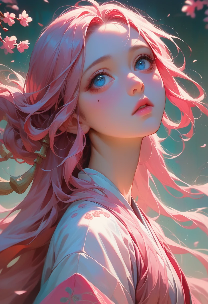 best quality, masterpiece,pink loose long hair, blue eyes,hanfu clothes,looking up, upper body,hair strand,Fair skin,a mole under left eye,pink lips,a girl around 15 years old