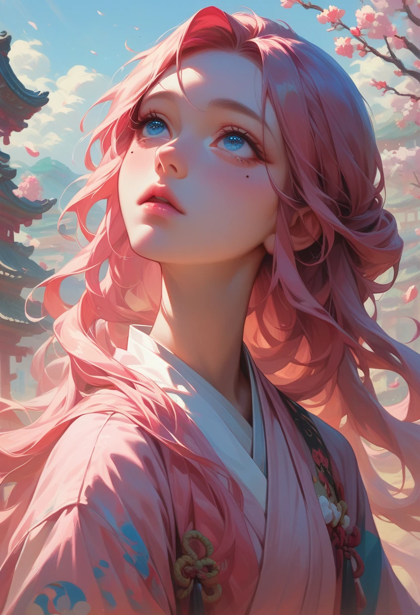 best quality, masterpiece,pink loose long hair, blue eyes,hanfu clothes,looking up, upper body,hair strand,Fair skin,a mole under left eye,pink lips,a girl around 15 years old

