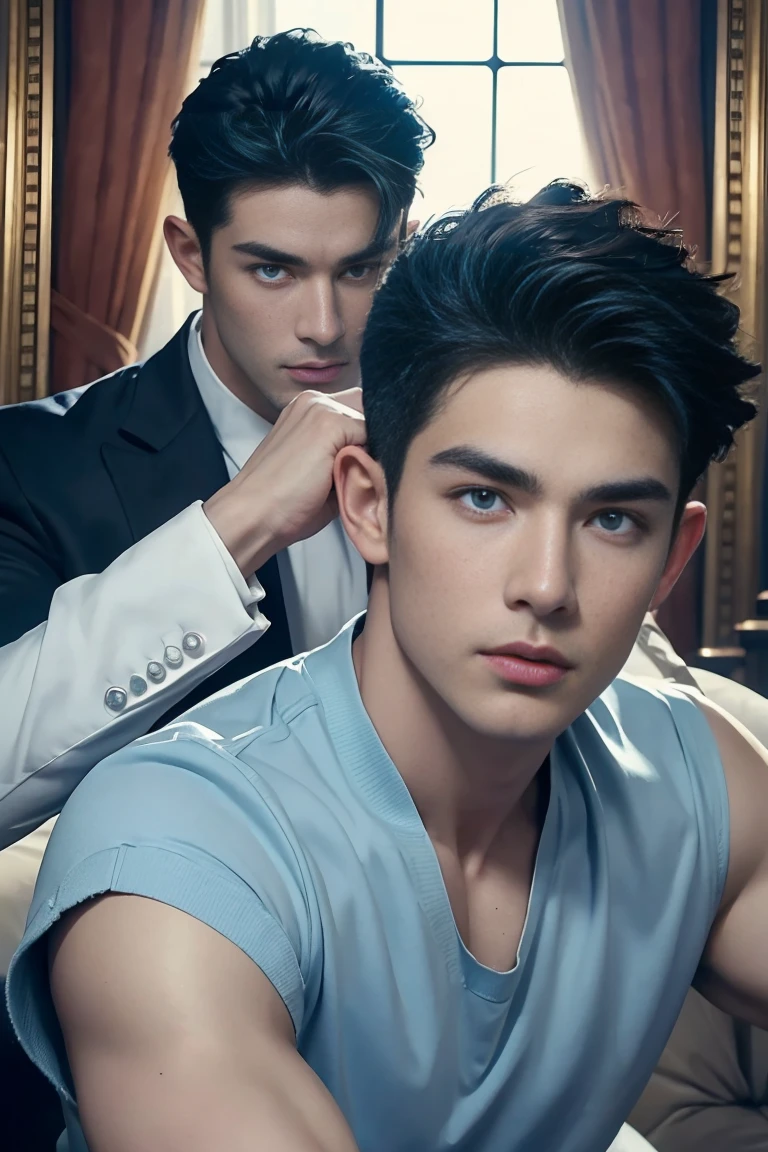 Ultra wide angle,((masterpiece)),((best quality)),8K,High Detail,Very detailed, (2 handsome muscular boys),Very manly,blue eyes,Stylish short hair,Vivid male image, Fashion pose, masculine expression,Real skin texture, Perfect hand details,Light,
Royal blue style couple,White male model photos
