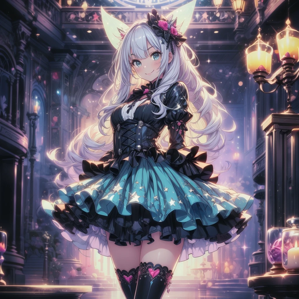 Star Fairy、score_9, score_8_superior, score_7_superior, sauce_anime,masterpiece, Highest quality, High resolution, Highly detailed CG, Absurd, One girl, alone, Cool girl in gothic lolita outfit posing in palace, mini skirt, Frills, 黒 and blue outfit,((smile), Spread your legs, Standing on the floor, ruby👁️‍‍🗨️,white_hair, ((two_side_superior)), background, dark_background, Black Palace, Midnight, indoor, (extremely detailed background:1.6), Details 1, Bright colors