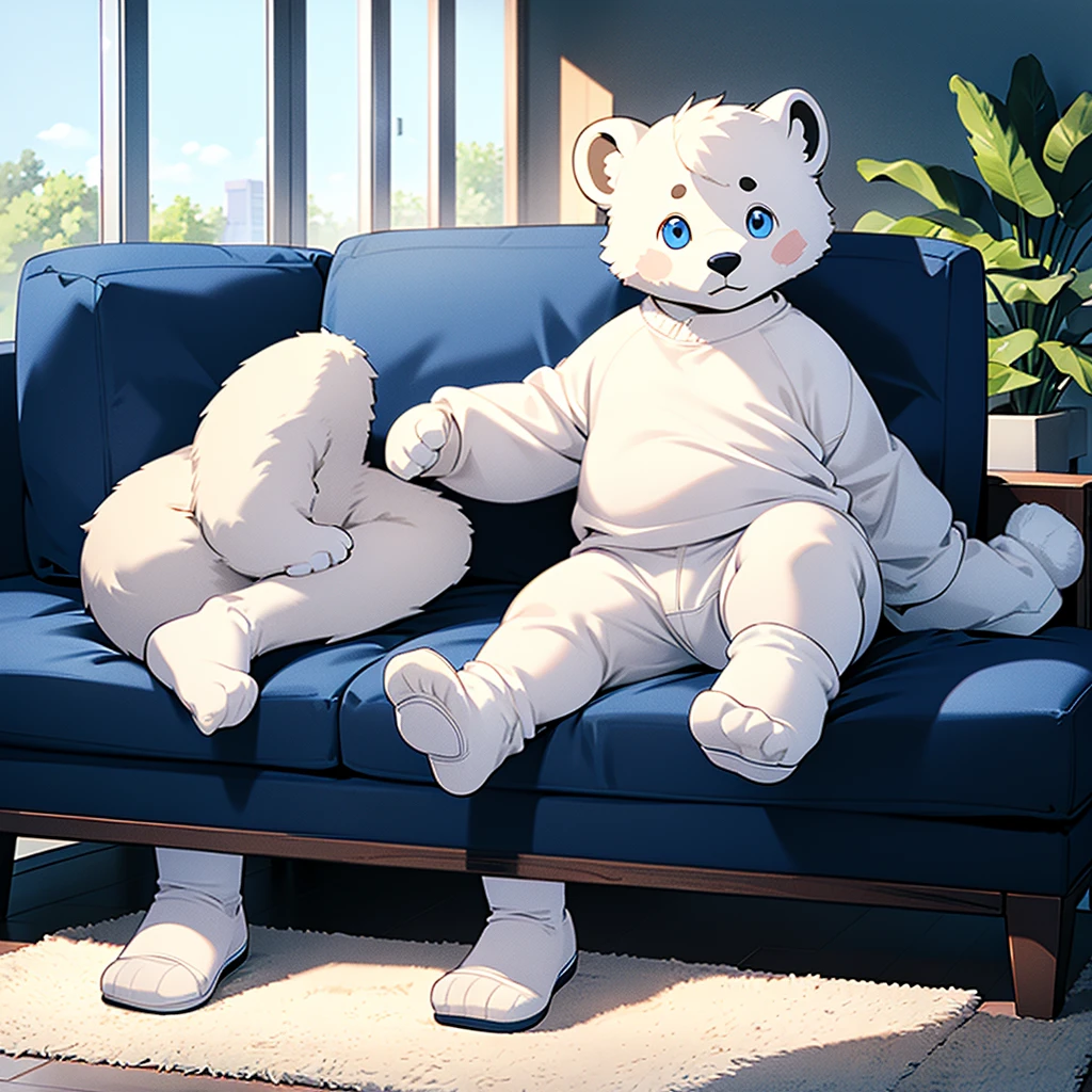 chubby dad male polar bear blue eyes, laying on couch, no clothes , white briefs , watch , spread legs ,living room, sunlight, adidas shoes , all white socks , high quality , drawing black lineart