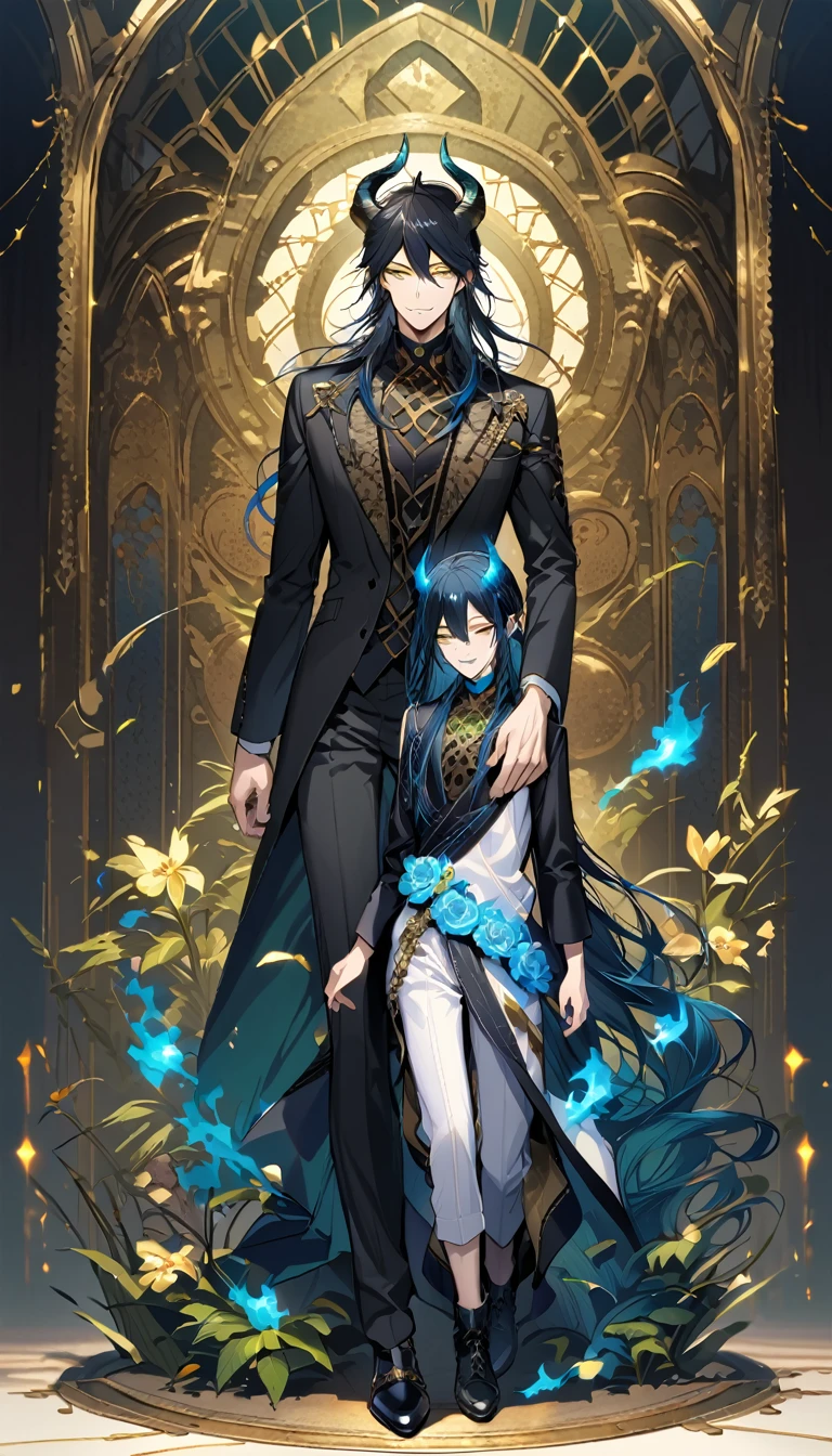 (pieces fly), (highest quality), very detailed, ((two men)), perfect face, beautiful face, very detailed face，full body shot, (black haired man:1.3)，(blue haired man:1.3)，suit，shirt，smile，flower, (1st boy,Idia Shroud, bishounen, boy, male, extremely long hair, blue hair, blue fire hair, wavy hair, yellow eyes, tired expression, blue lips, handsome, skinny, geeky, blue glow, shark teeth,) (2nd boy, malleus draconia \(twisted wonderland\) horns, bishounen, boy, male, long hair, black hair, yellow green eyes, smile, gray lips, handsome, skinny, tall, yellow green glow,)  Two men are hugging each,