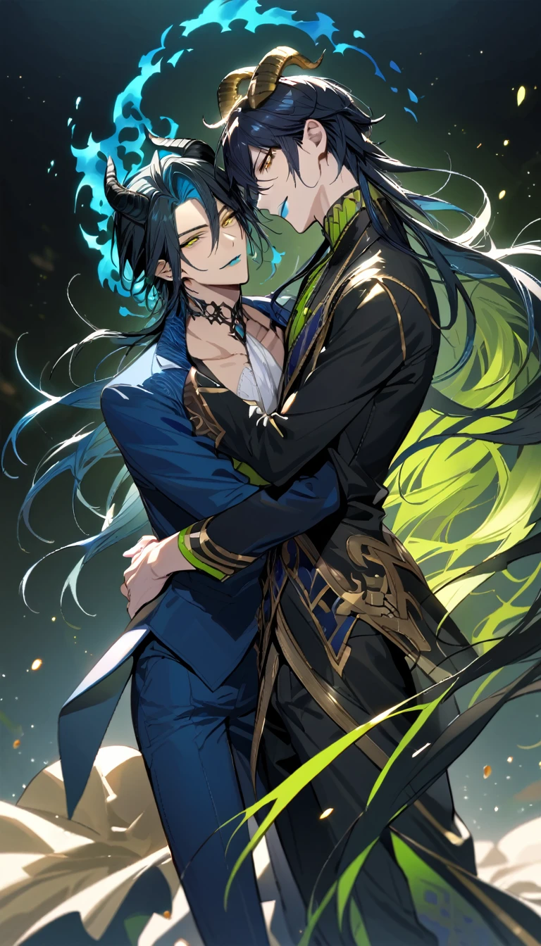 (pieces fly), (highest quality), very detailed, ((two men)), perfect face, beautiful face, very detailed face,full body shot, (black haired man:1.3),(blue haired man:1.3),suit,shirt,smile,flower, (1st boy,Idia Shroud, bishounen, boy, male, extremely long hair, blue hair, blue fire hair, wavy hair, yellow eyes, tired expression, blue lips, handsome, skinny, geeky, blue glow, shark teeth,) (2nd boy, malleus draconia \(twisted wonderland\) horns, bishounen, boy, male, long hair, black hair, yellow green eyes, smile, gray lips, handsome, skinny, tall, yellow green glow,) Two men are hugging each,