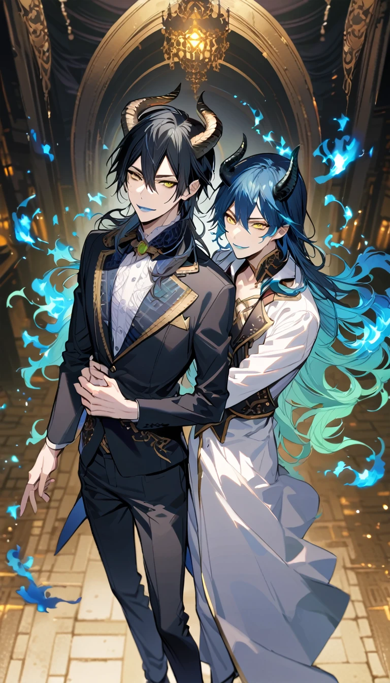 (pieces fly), (highest quality), very detailed, ((two men)), perfect face, beautiful face, very detailed face，full body shot, (black haired man:1.3)，(blue haired man:1.3)，suit，shirt，smile，flower, (1st boy,Idia Shroud, bishounen, boy, male, extremely long hair, blue hair, blue fire hair, wavy hair, yellow eyes, tired expression, blue lips, handsome, skinny, geeky, blue glow, shark teeth,) (2nd boy, malleus draconia \(twisted wonderland\) horns, bishounen, boy, male, long hair, black hair, yellow green eyes, smile, gray lips, handsome, skinny, tall, yellow green glow,)  Two men are hugging each,
