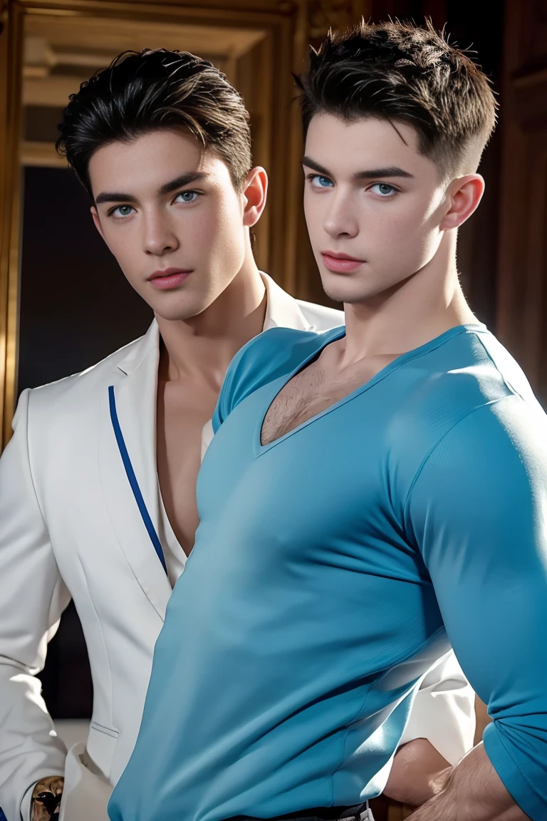 Ultra wide angle，((masterpiece)),((best quality)),8K,High Detail,Very detailed, (2 handsome muscular boys)，Very manly，blue eyes，Stylish short hair，Vivid male image, Fashion pose, masculine expression，Real skin texture, Perfect hand details，Light,
Royal blue style couple，White male model photos