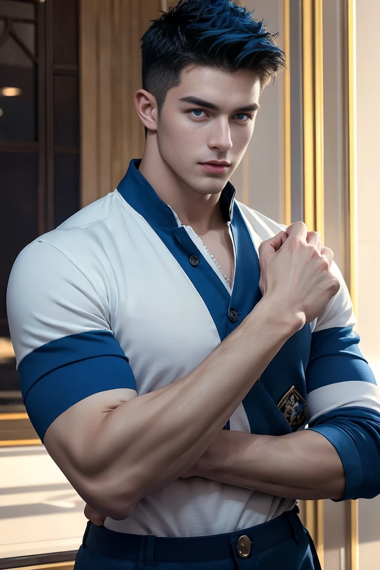 Ultra wide angle,((masterpiece)),((best quality)),8K,High Detail,Very detailed, (2 handsome muscular boys),Very manly,blue eyes,Stylish short hair,Vivid male image, Fashion pose, masculine expression,Real skin texture, Perfect hand details,Light,
Royal blue style couple,White male model photos