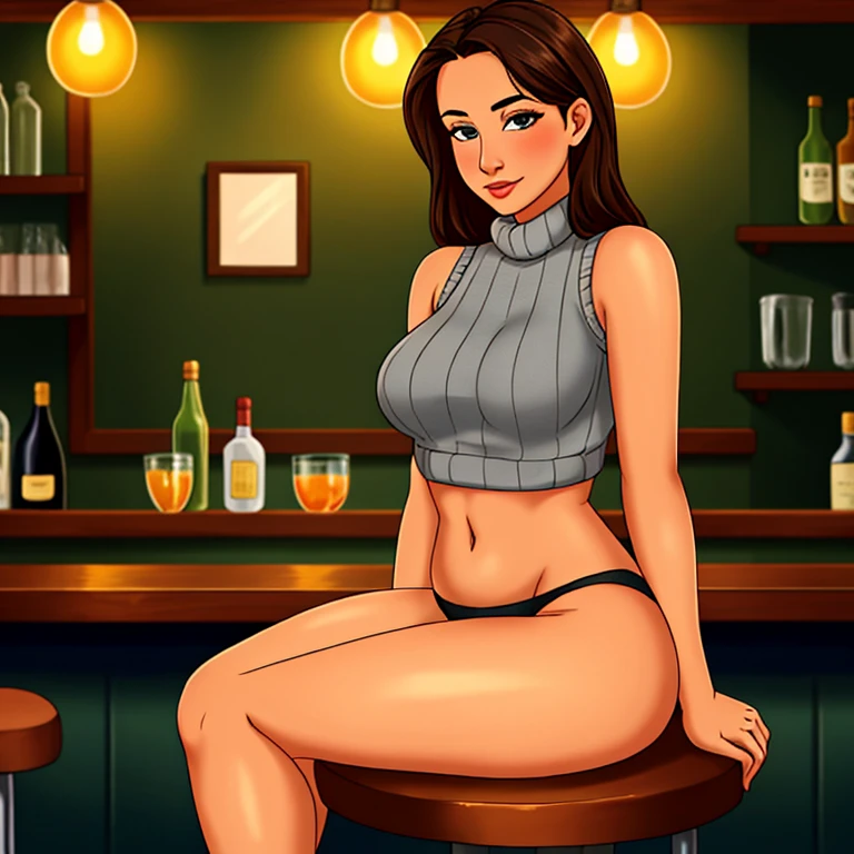 8k, best quality, realistic photos, realistic details, clear face, delicate facial features, real skin shine, a cute girl, shy, facing the camera, girl sitting in a bar in a gray fishnet sweater and tight panties, clear bar background, sea view, arms on bar counter, hips, slim body, big breasts, 24 years old, charming, seductive eyes