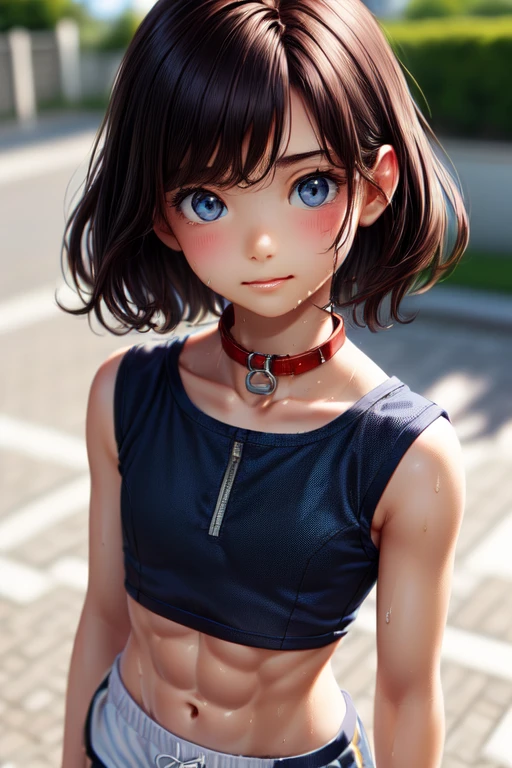 ((Medium Chest, Tomboy, Small Head), (cut abs: 1.1), (Short Wavy Hair: 1.2), auburn, collar, Lock, whole body, Good results, Sweat, Femboy, cover ( Shorts), (Highly detailed CG 8K wallpaper), (Very delicate and beautiful), (Highest quality: 1.0), (super High resolution: 1.0), Beautiful lighting, Perfect lighting, Realistic Shadows, [High resolution], Detailed Skin, Super detailed ((colorful))