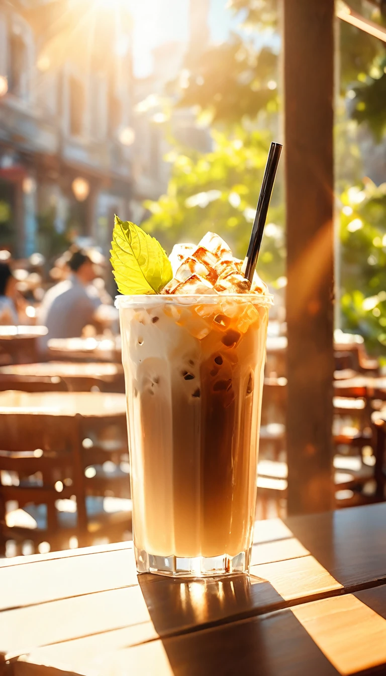 June heatwave，Beautiful girl taking refuge in the cafe，There is a cup of ice coffee on the wooden table(Looking out the window.The moment the sun shines)Surrounded by the dazzling afternoon sun, shadow and shade textures，The whole scene looks lazy and romantic, Effortlessly elegant aesthetics.。Cafe bokeh background