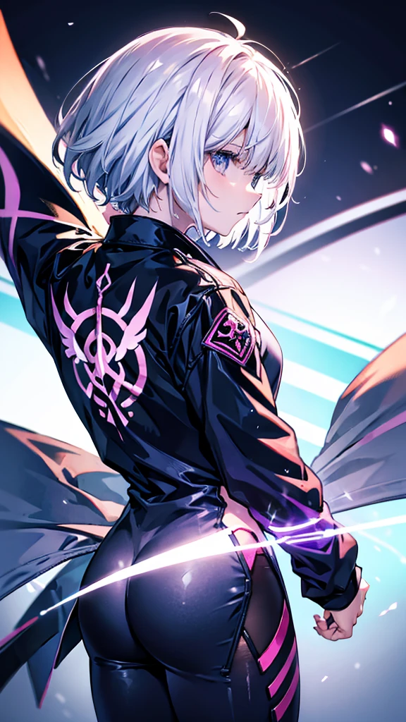 profile background, anime girl, serious face, fringe, short white hair, eyes purple, martial arts clothing, high-res portrait, detailed eyes and face, character, fantasy, with a blue dragon behind, advanced urban, looking from behind at viewer, 4K, high resolution