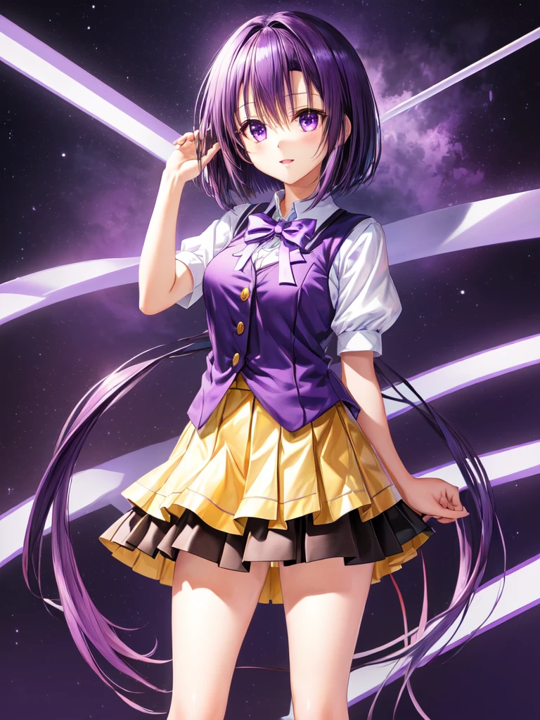 Hanasosuzu,standing,dark puple fluffy hair,dark purple eyes,short hair,uniform,shirt,skirt