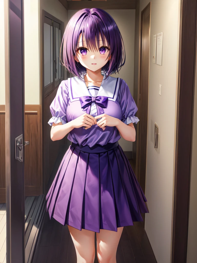 Hanasosuzu,standing,dark puple fluffy hair,dark purple eyes,short hair,uniform,shirt,skirt