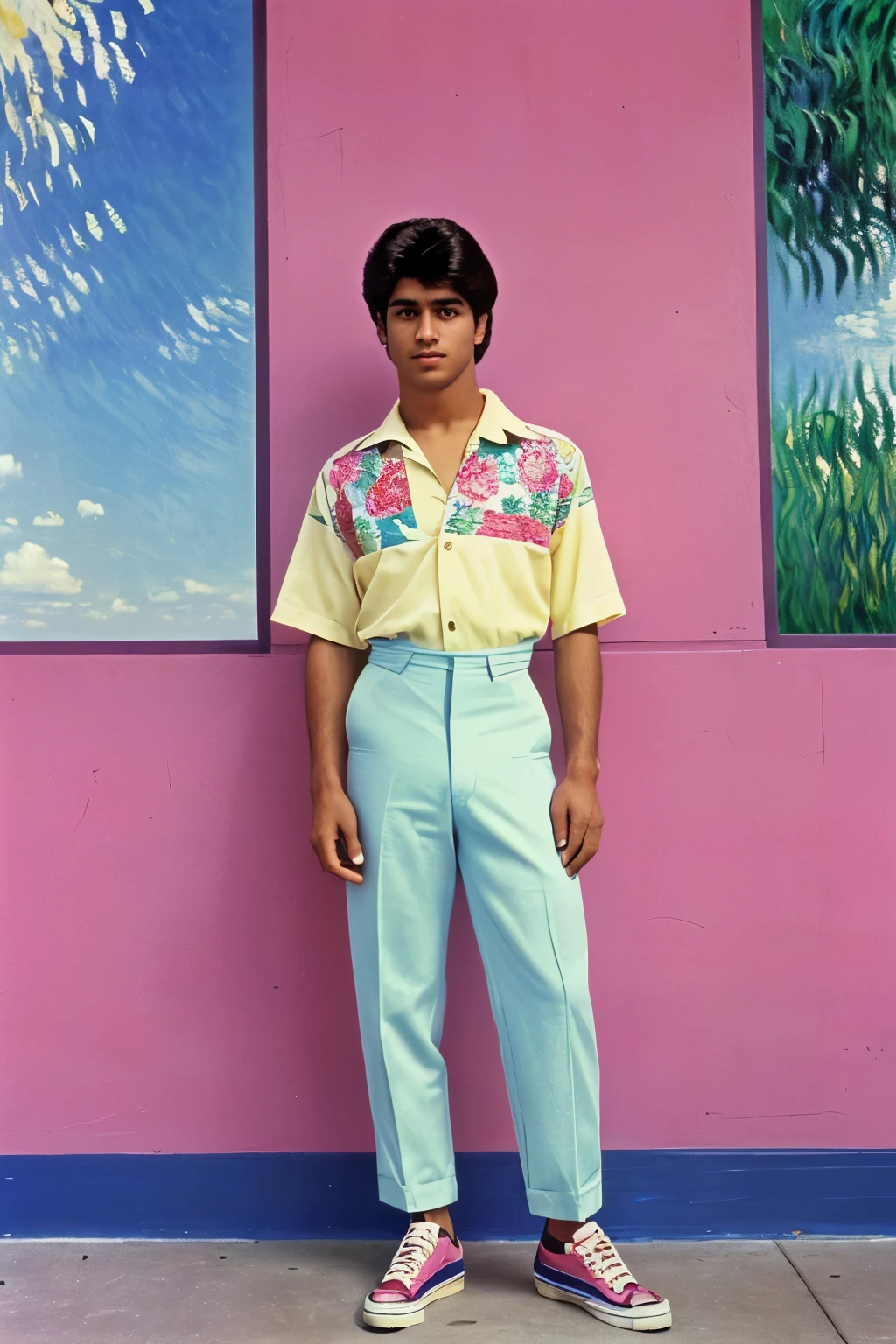 Fremont, California, 1985. A young ((((22-year-old)) Amir)), ((((clothings from the 1980s)))), ((short hairstyle of the 1980s)), ((colorful, Monet))