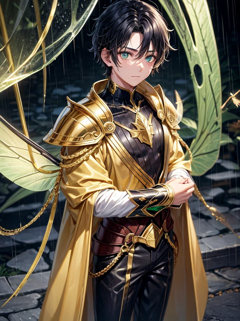 Boy with gold armor and cavello asero Black green eyes and dragonfly wings. I a background of rain