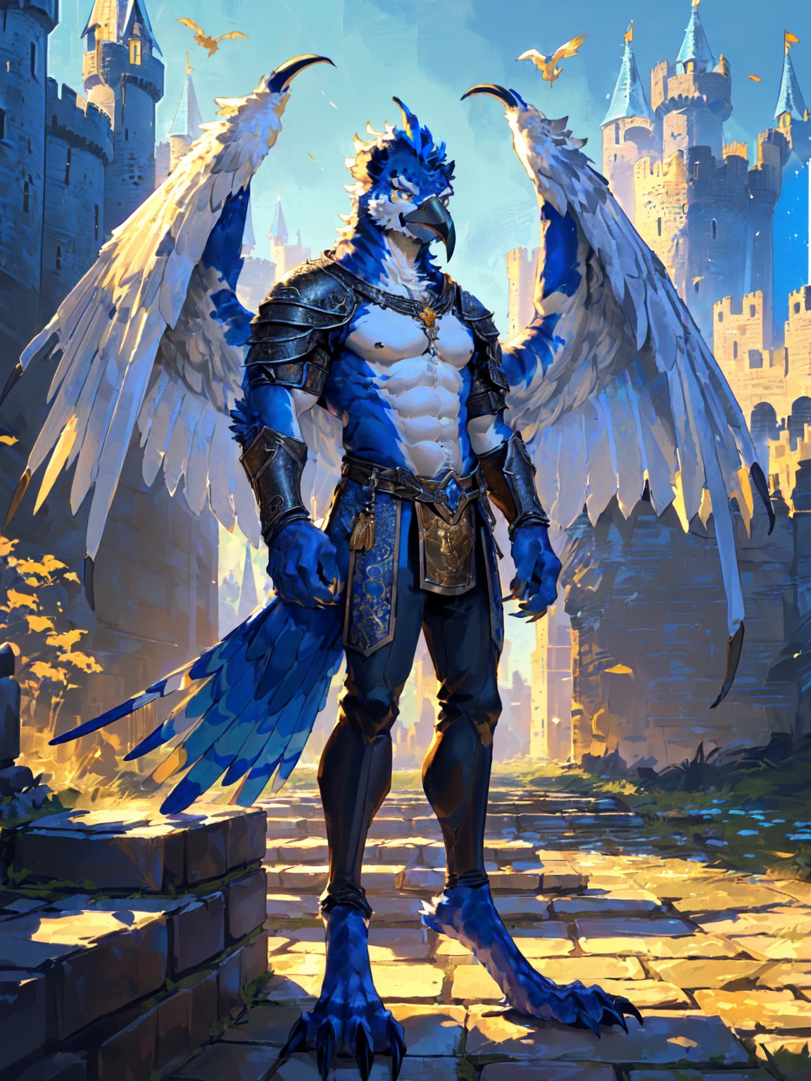 ((middle Ages:1.3，Castle Background:1.6))，(Royal Family:1.2)，sunny，high resolution，4K，【Strike a pose:1.5】，masterpiece，high quality，((Griffin))，male，Furry，(ager:1.3)，hairy，((Fierce and vicious:1.4))，(((Strong body:1.4，Big Wings:1.3，Bird claws子:1.3)))，(((Blue head:1.3，White abs:1.4)))，(((White Wings:1.3)))，(((Golden pupils:1.2)))，(((Bird claws:1.3)))，(((Long legs:1.3)))，((No shirt，No underwear))，Exquisite eyes，Detailed body，Detailed claws，Detailed feet，Kenket&#39;s Art