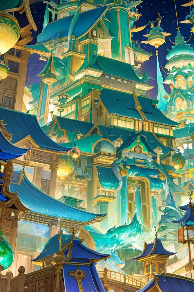 Glass buildings in a seaside town,The buildings are scattered,All are made of transparent jade-like materials,sparkling,Shining bright light,Brightly lit,Like Wonderland;Clear and elegant,Chinese traditional colors,China has 24 solar terms;Bright lights shine through,Brightly lit,Illuminate the entire picture;Exquisite game illustration style;The background is light green,星星sparkling,Captures the dreamy atmosphere of a fairytale world,Soft pastel shades,Light yellow-green color scheme,Reminiscent of Hayao Miyazaki's style。high resolution。