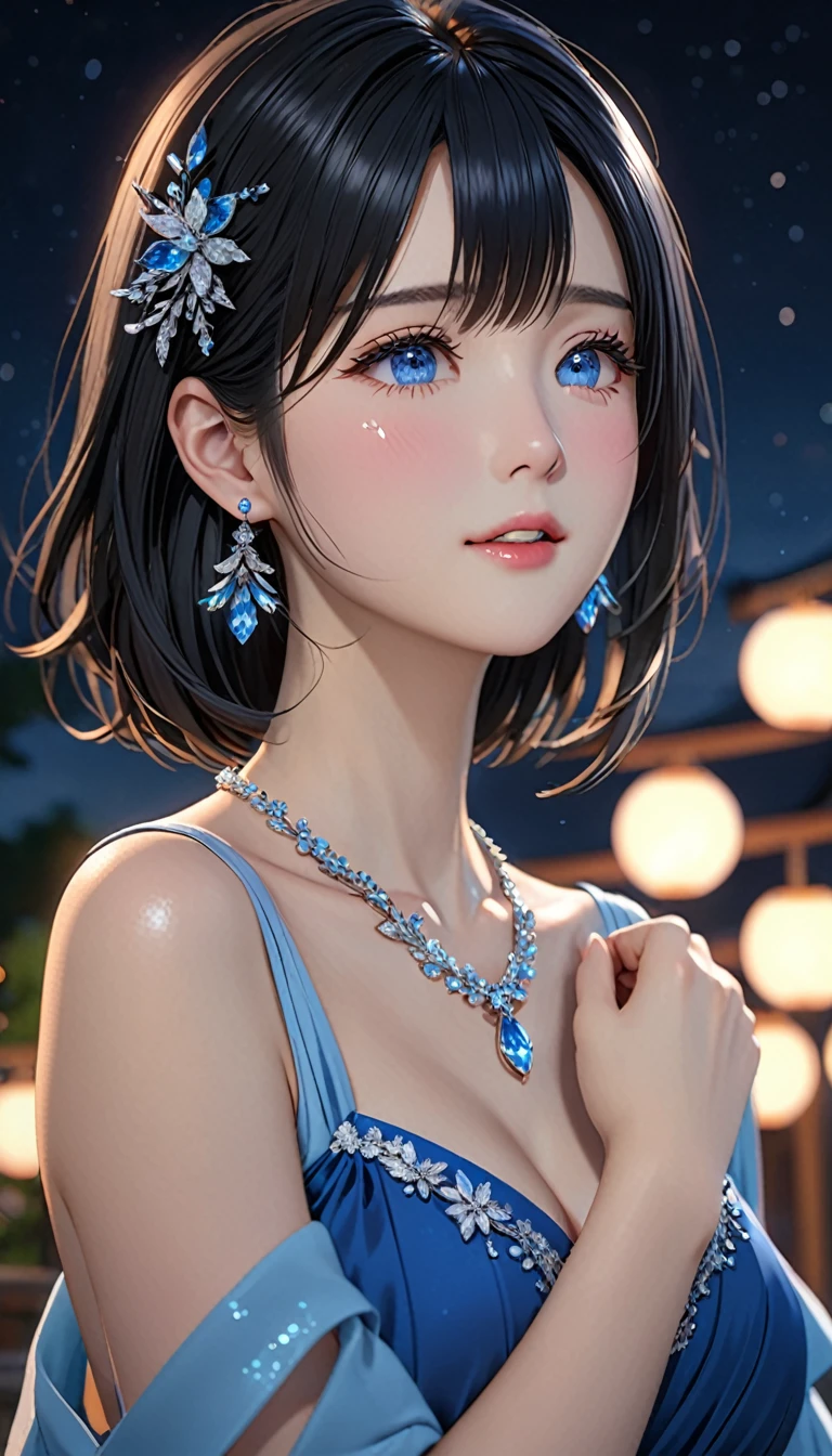 National Science Foundation,masterpiece,High resolution,8K,Highest quality,Highest quality,art,refer to,3D,realism,Kyoto Animation Style,Your Name movie style,To the camera,night,midnight,Soft Light,Glowing Skin,(1 female: 1.3),(alone: 1.4),(((Black Hair))),美しく艶やかなBlack Hair,Long Bob,風になびくBlack Hair,Beautiful costumes,Noble dress,Shiny blue dress,Classy formal dresses,(crystal hairpin),(crystal necklace),(crystal earrings),Long eyelashes,Thin legs,close of upper body,close,Close-up,Under the stars,Starry Eyes,Pale blue eyes,(close your eyes),Woman singing a song,Singing a song,Stretch your arms out to the side and feel the breeze,(blush),(shy),(shy),(((cry))),(((Tears))),