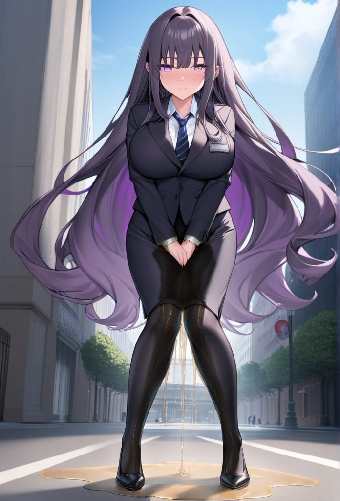 (masterpiece:1.37), best quality, (extremely detailed:1.37) woman, (adult:1.5), (very long hair:1.5), dark purple hair, purple eyes, (extremely detailed eyes:1.37), breasts, business suit, necktie, (very long pencil skirt:2.0), pantyhose, (wetting herself:2.0), arms behind back, standing straight, full body day, daytime, glow, facing viewer, perfect composition, full body, city, street