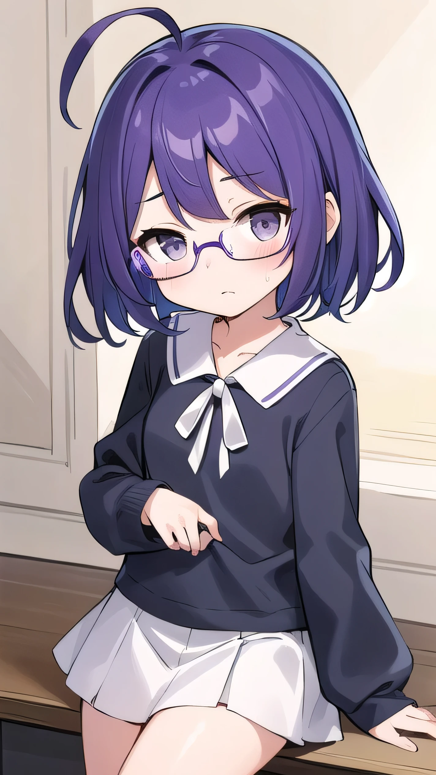(Purple hair:1.4), gray eyes, white , navy blue miniskirt, 11 years old, short, short long hair, kind expression, shy, , almost no breasts, slightly exposed. hair,(flipped hair ), flipped hair, long sleeves, ahoge, girl alone, flipped hair, flipped hair, flipped hair, flipped hair, glasses with no edges, embarrassed, flat chest