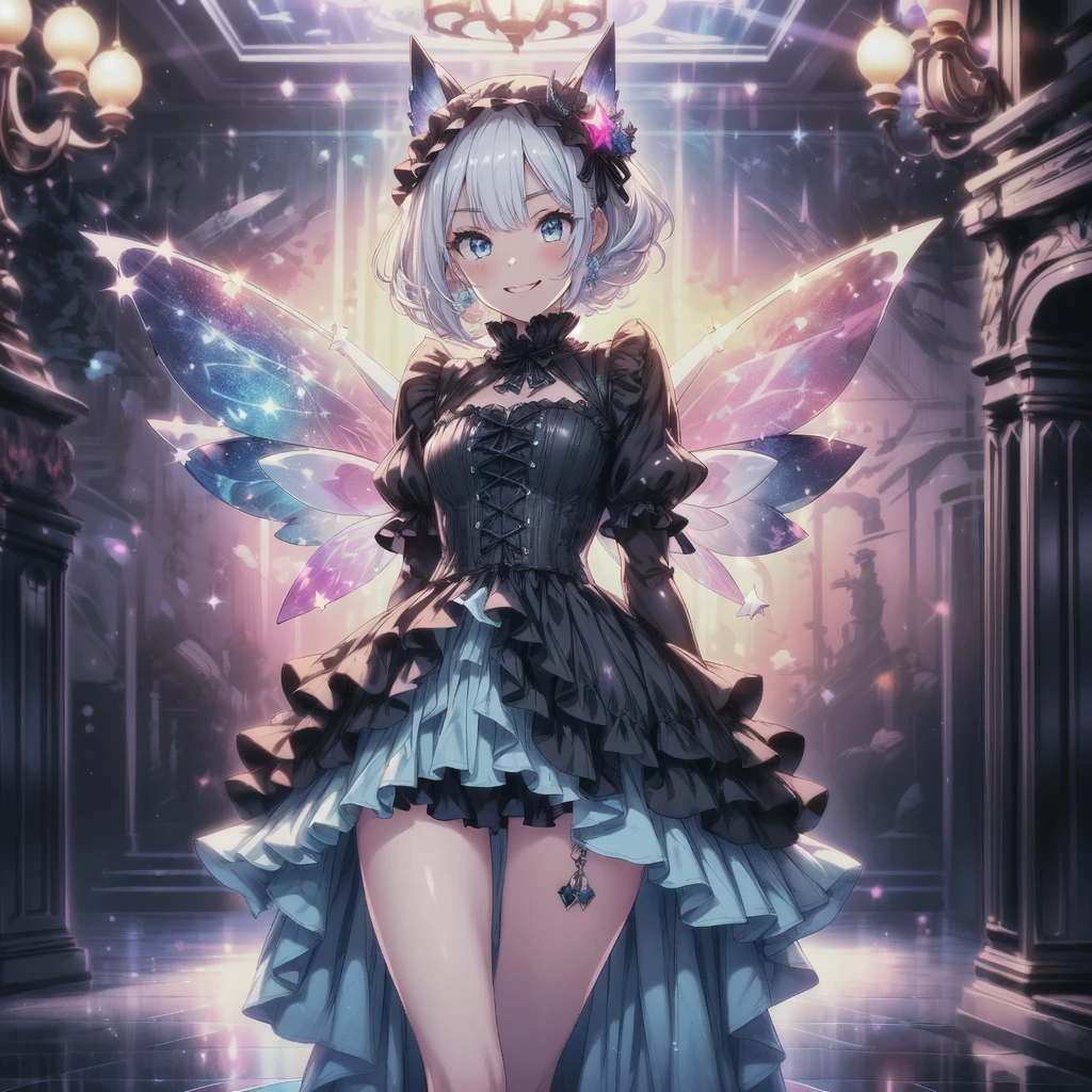 Star Fairy、score_9, score_8_superior, score_7_superior, sauce_anime,masterpiece, Highest quality, High resolution, Highly detailed CG, Absurd, One girl, alone, Cool girl in gothic ta outfit posing in palace, mini skirt, Frills, 黒 and blue outfit,((smile), Spread your legs, Standing on the floor, ruby👁️🗨️,white_hair, ((two_side_superior)), background, dark_background, Black Palace, Midnight, indoor, (extremely detailed background:1.6), Details 1, Bright colors