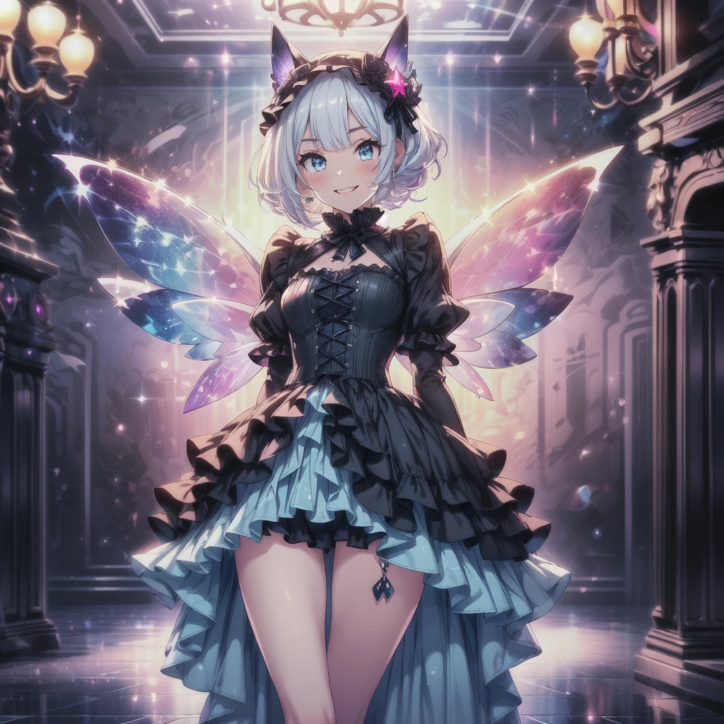 Star Fairy、score_9, score_8_superior, score_7_superior, sauce_anime,masterpiece, Highest quality, High resolution, Highly detailed CG, Absurd, One girl, alone, Cool girl in gothic lolita outfit posing in palace, mini skirt, Frills, 黒 and blue outfit,((smile), Spread your legs, Standing on the floor, ruby👁️🗨️,white_hair, ((two_side_superior)), background, dark_background, Black Palace, Midnight, indoor, (extremely detailed background:1.6), Details 1, Bright colors