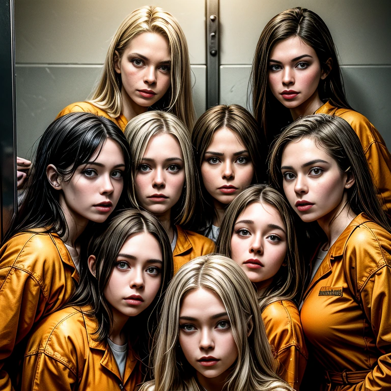 group picture, smile, medium breasts,8 girls,beautiful face,looking at viewer, inmates ,realistic,prison cell,orange prison jumpsuit,prison,(masterpiece, high quality:1.2) different women, perfect face.