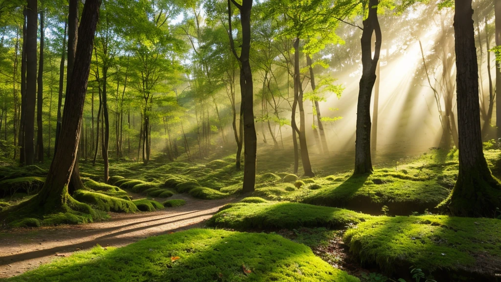Primary forest,wood々Sunlight shining through,Mossy stone,spring,小川大wood