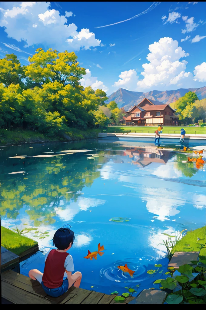 Two lively boys,They all wore straw hats,Wear casual clothing。A boy wearing a blue shirt and matching shorts,The other was wearing a red top and shorts.,The two of them were playing happily beside the clear pond.。They squatted by the water,Holding a delicate little basket in hand,A few lively little fish can be vaguely seen jumping inside。
In the pond,Several goldfish swimming in the water,Their bodies shimmer with golden light.,Adds a touch of vivid color to the entire scene。Surrounded by lush greenery and several gorgeous flowers,They contrast beautifully with the blue sky and the hills in the distance.,It forms a peaceful and beautiful picture。