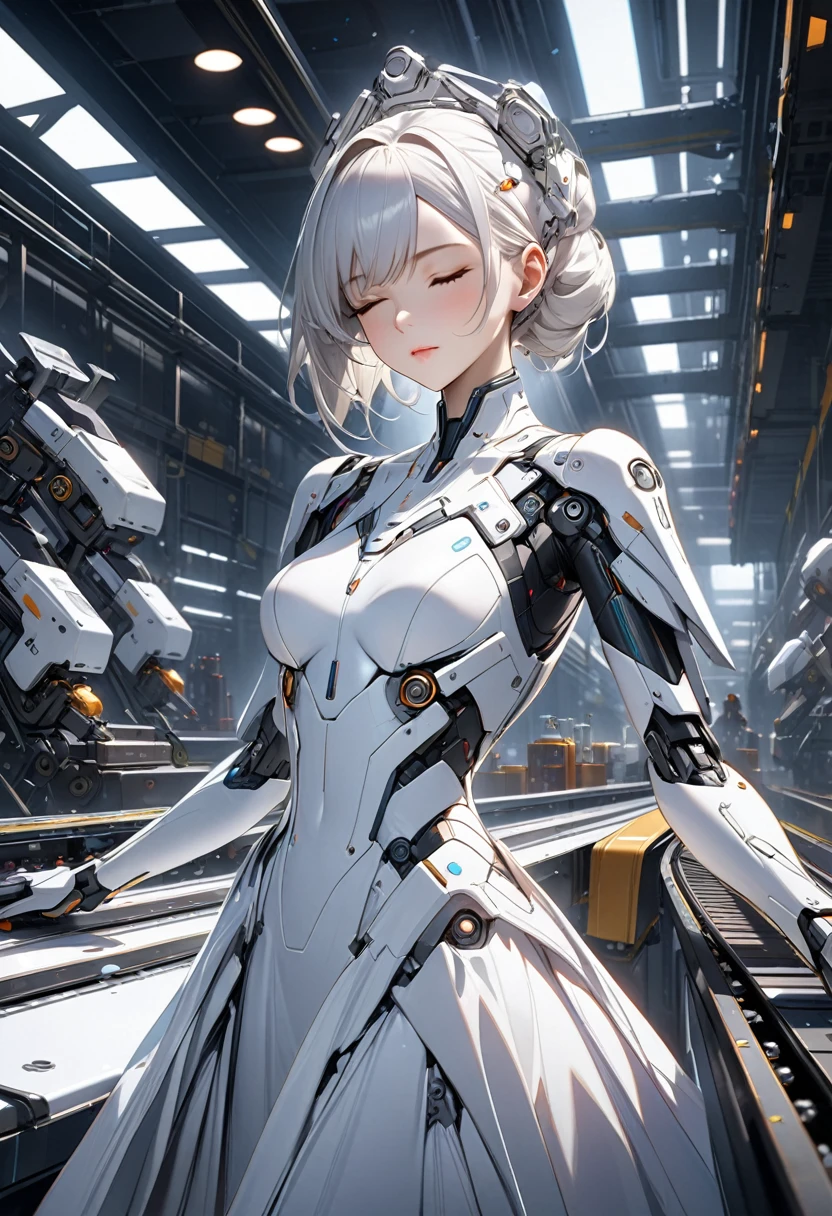 a detailed futuristic android woman in a white wedding dress on a conveyor belt production line, beautiful detailed face, eyes closed, many similar android women on the conveyor belt, cold white interior factory, laboratory-like structure, cinematic lighting, professional photography, ultra-detailed, masterpiece, best quality, 4k, 8k, ultra-detailed, cg concept art, digital painting