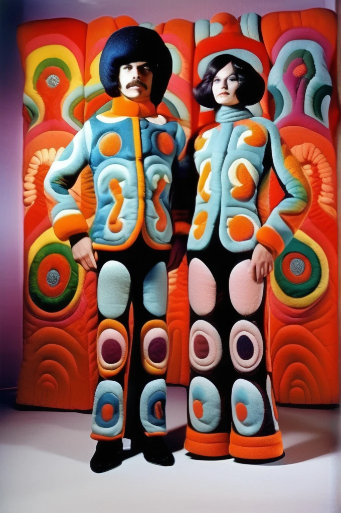 Victor Moscoso Style - young husband and wife musical duo, felt embroidered fuzzy organic patterns quilted formal wear, 1977