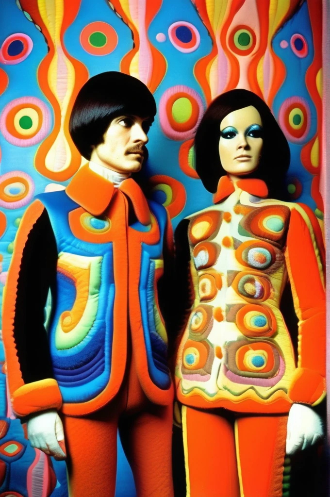 Victor Moscoso Style - young husband and wife musical duo, felt embroidered fuzzy organic patterns quilted formal wear, 1977