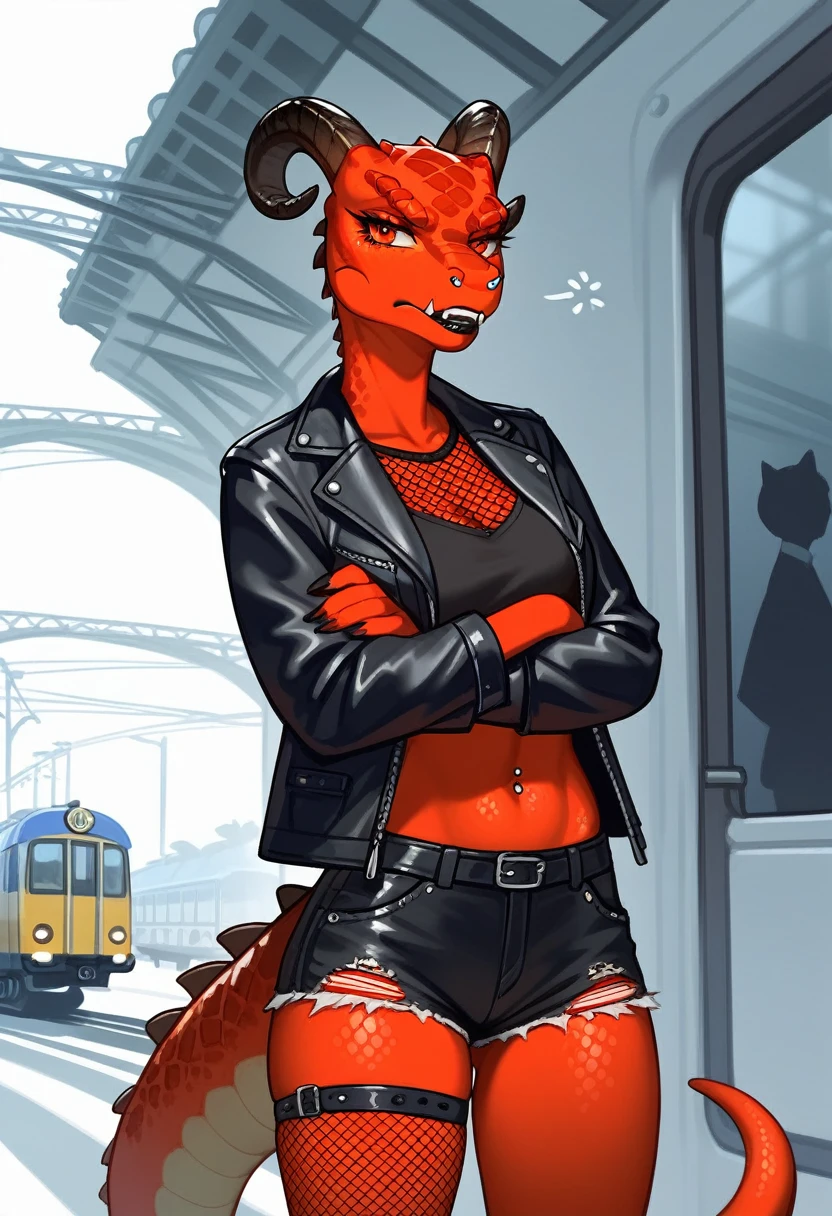 , score_9,score_8_up,score_7_up, anthro Argonian female from skyrim, kemono style, Anthro reptile girl, snout, all red skin, some black scales, red eyes, black lips, black horns, black ram horns, red tail, black lips, nose piercing, wearing black leather jacket, black crop top, black ripped short shorts, black fishnet leggings, gritting teeth, pouting, annoyed, front view, cowboy shot, front view , standing, outdoors, in an empty train station, ghetto train station, arms crossed