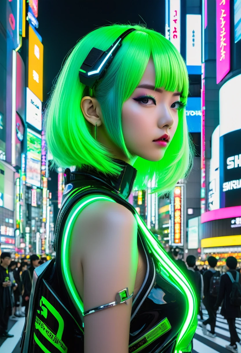 "A high school girl with medium-length neon green hair, dressed in a sleek, futuristic with glowing lines. She is positioned in a busy Shibuya street, with the iconic Shibuya Scramble Crossing visible in the background. The setting features a mix of advanced technology, holographic advertisements, and vibrant neon lights, capturing the essence of a cyberpunk world."