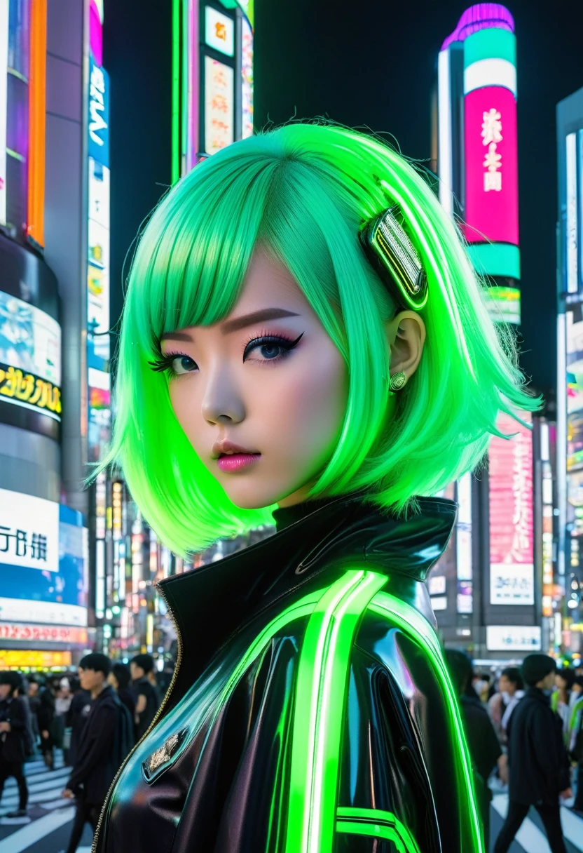 "A high school girl with medium-length neon green hair, dressed in a sleek, futuristic  with glowing lines. She is positioned in a busy Shibuya street, with the iconic Shibuya Scramble Crossing visible in the background. The setting features a mix of advanced technology, holographic advertisements, and vibrant neon lights, capturing the essence of a cyberpunk world."