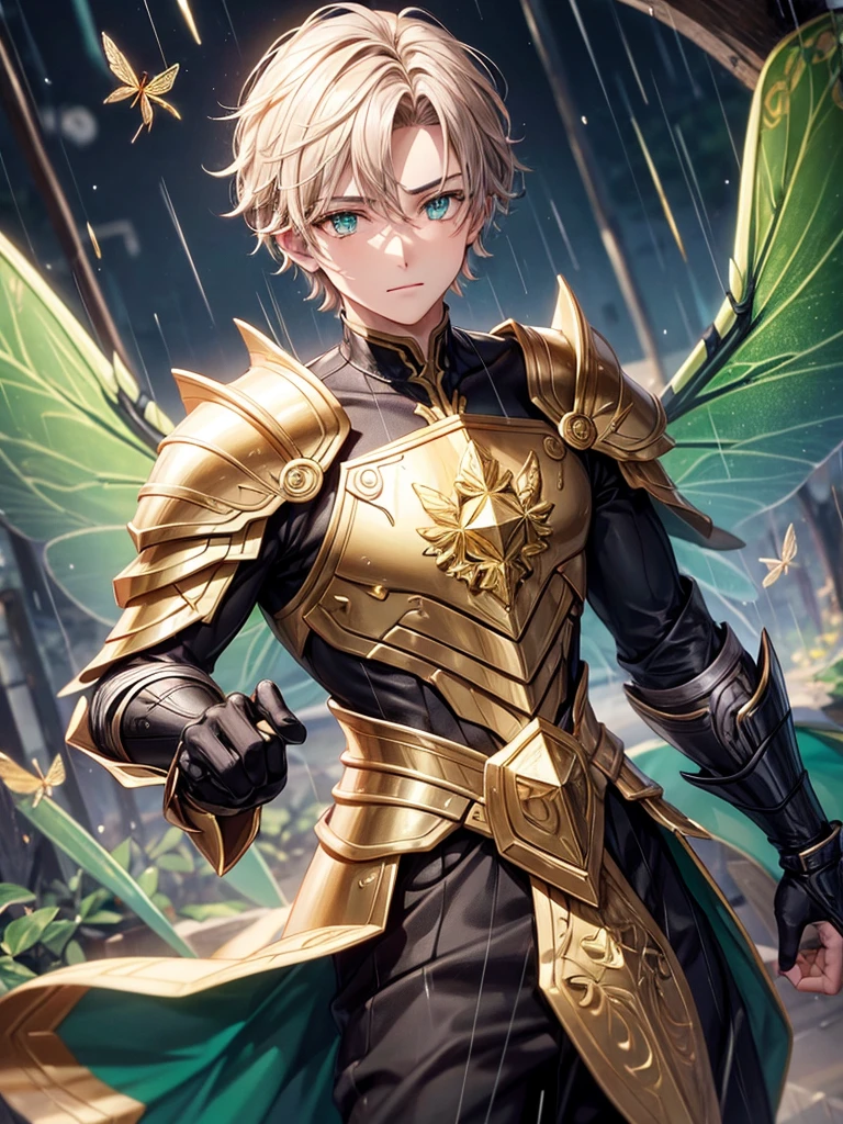 Boy with gold armor and cavello asero Black green eyes and dragonfly wings. I a background of rain