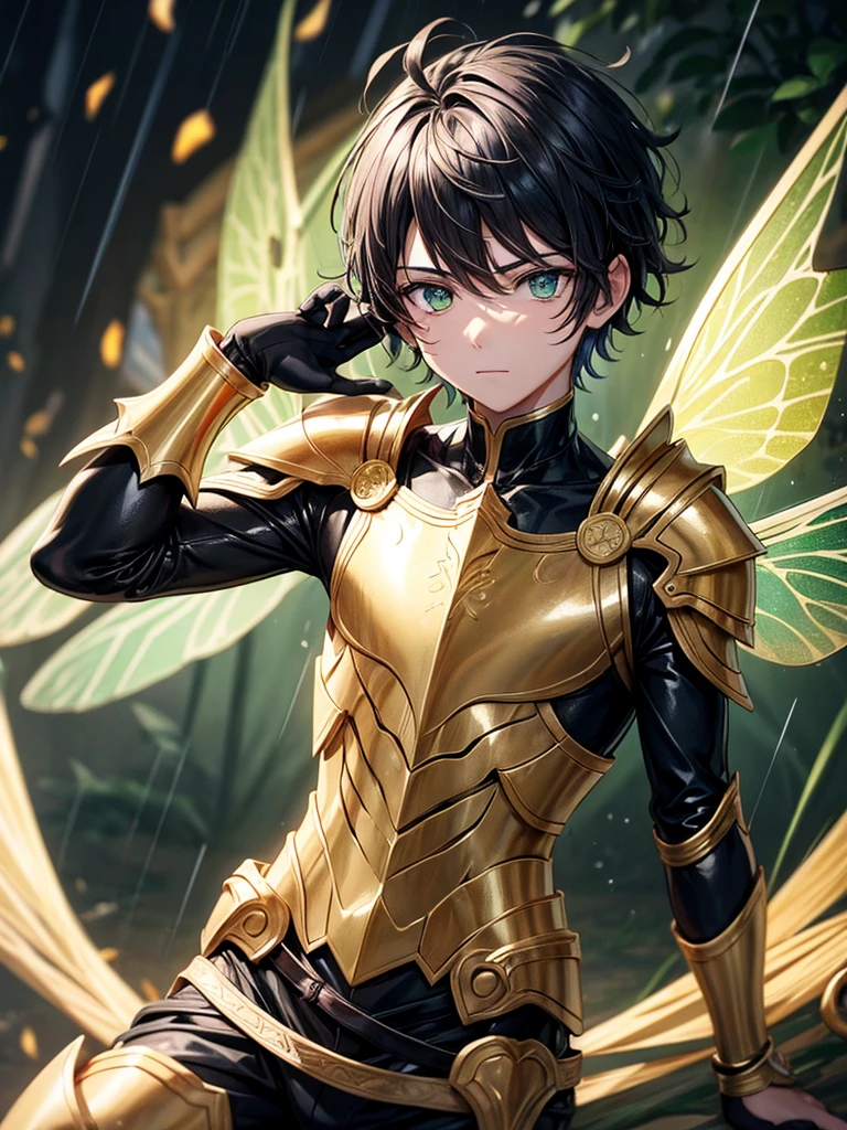 Boy with gold armor and cavello asero Black green eyes and dragonfly wings. I a background of rain