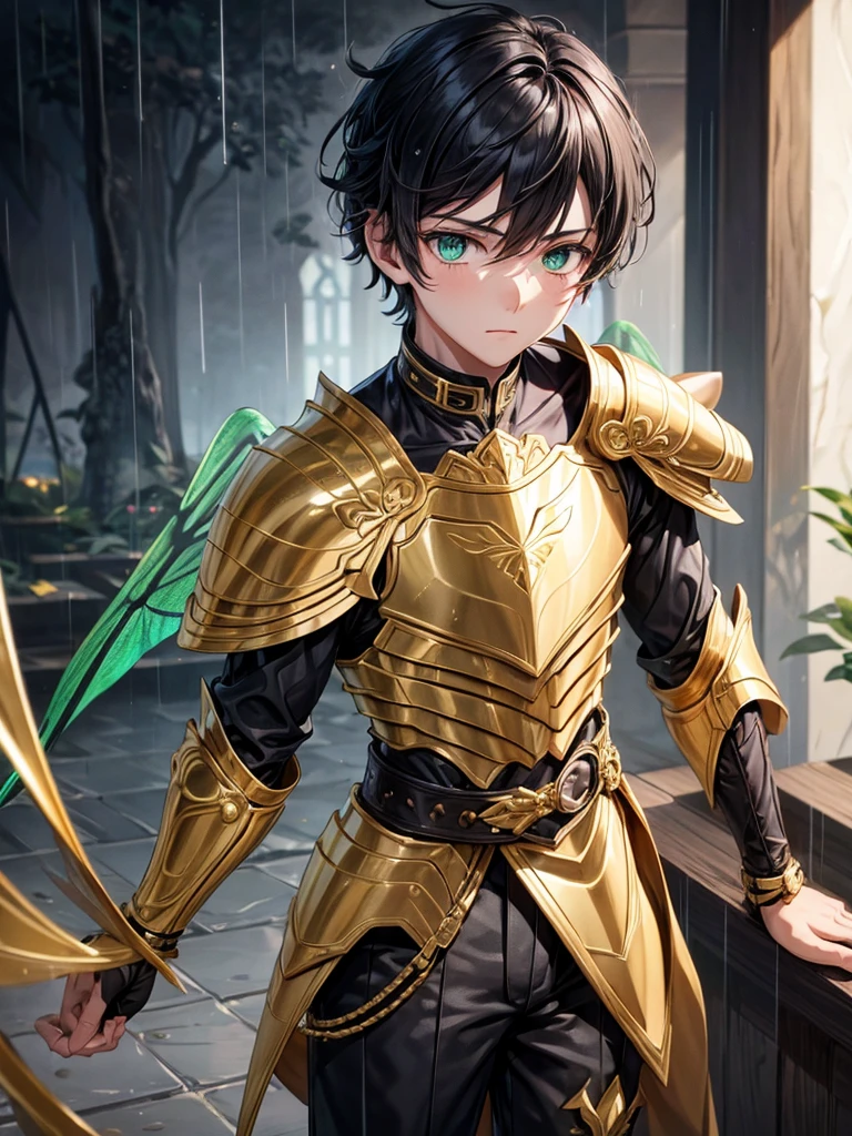 Boy with gold armor and cavello asero Black green eyes and dragonfly wings. I a background of rain