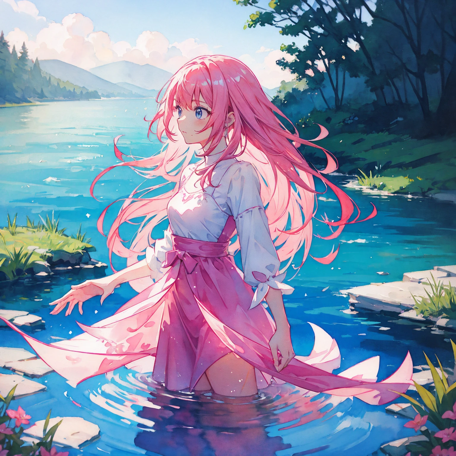 Girl, watercolor, pink hair lake, wade, wind, picturesque, elegant, long navy night dress, sparkling, highly detailed 