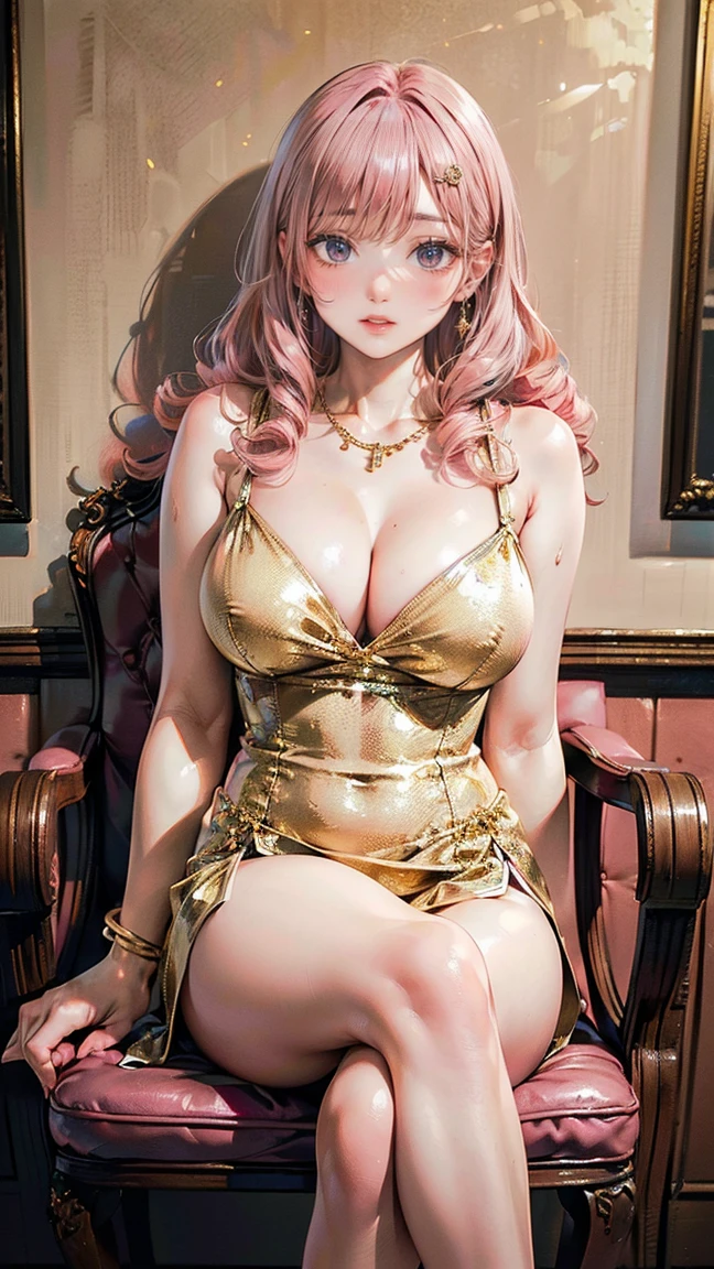 (Masterpiece, BestQuality:1.3), (ultra detailed:1.2), (hyperrealistic:1.3), (RAW photo:1.2), High detail RAW color photo, professional photograph, (Photorealistic:1.4), (realistic:1.4), (Pink Hair:1.5), professional lighting, perfect anatomy, (Big Breasts:1.2), (blush, detailed face), (A happy smile:1.7), Trending Hair&Trending Hairカラーをランダムに, earrings, necklace, bracelet, sexly, erotic sexly, Random sexy gravure poses, (Sexy beauty in a gold dress、Fine dining、Elegant look、Long Curly Hair、Pose of sitting on a chair and crossing legs。:1.3)