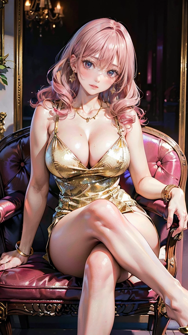 (Masterpiece, BestQuality:1.3), (ultra detailed:1.2), (hyperrealistic:1.3), (RAW photo:1.2), High detail RAW color photo, professional photograph, (Photorealistic:1.4), (realistic:1.4), (Pink Hair:1.5), professional lighting, perfect anatomy, (Big Breasts:1.2), (blush, detailed face), (A happy smile:1.7), Trending Hair&Trending Hairカラーをランダムに, earrings, necklace, bracelet, sexly, erotic sexly, Random sexy gravure poses, (Sexy beauty in a gold dress、Fine dining、Elegant look、Long Curly Hair、Pose of sitting on a chair and crossing legs。:1.3)